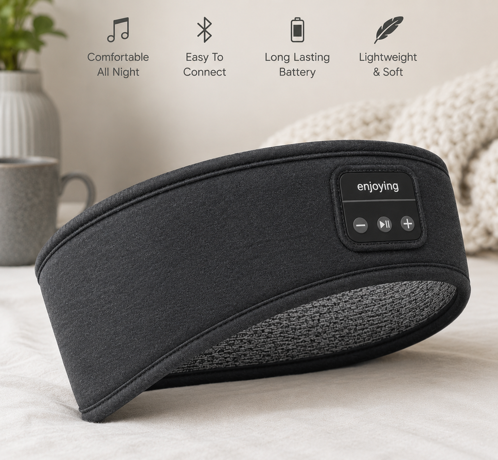 Black sleep headband with control panel on a light surface, featuring icons and text about its features.