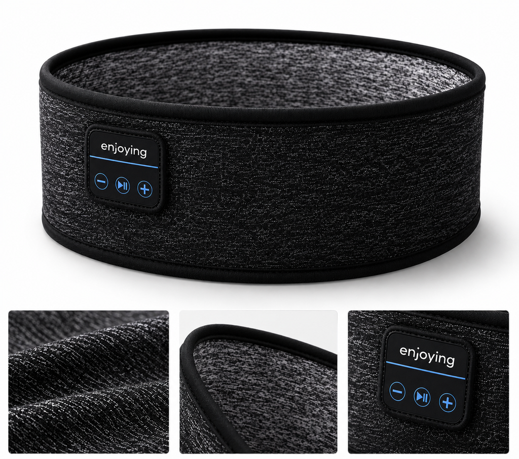 Black Bluetooth headband with control panel on a white background