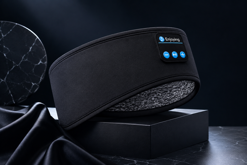 Black headband with digital display and buttons on a dark background